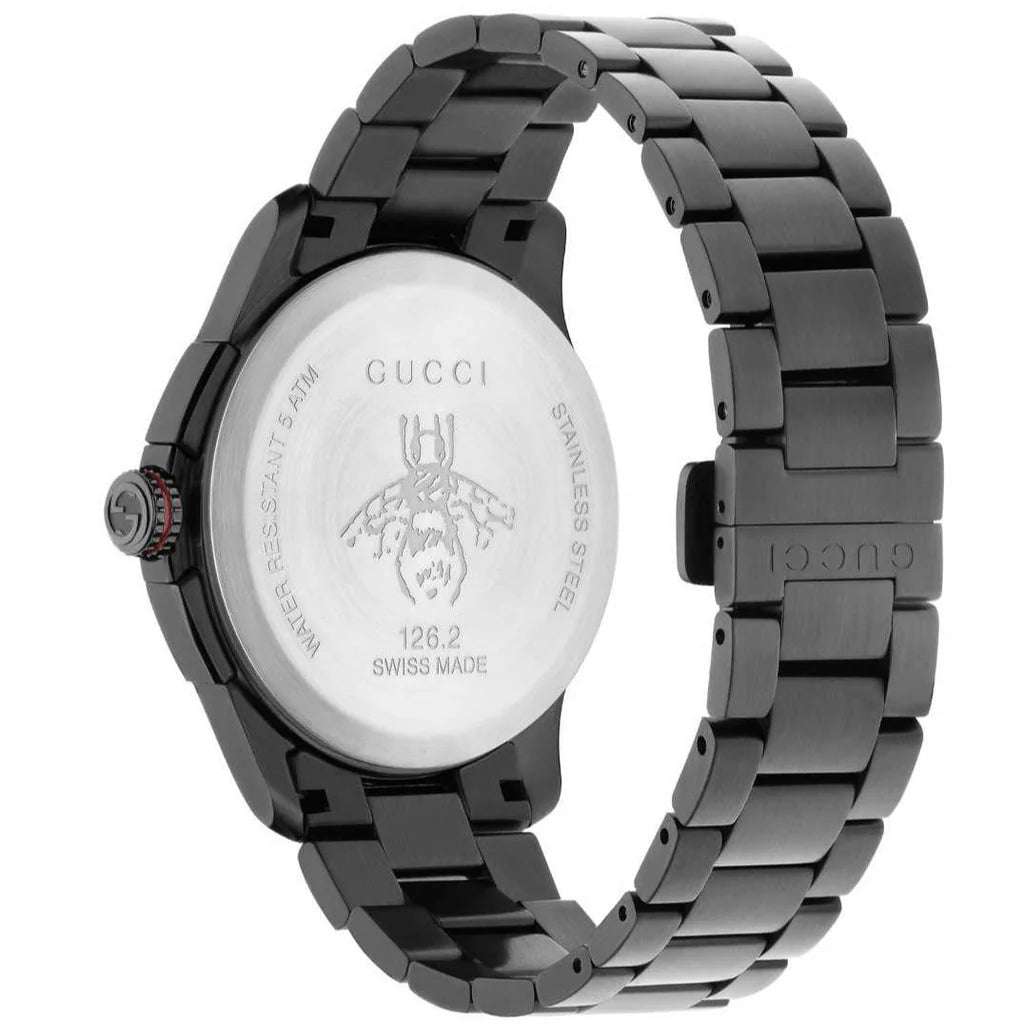 Gucci G-Timeless Chronograph Herrenuhr mit schwarzem Zifferblatt und schwarzem Edelstahlarmband - YA126269