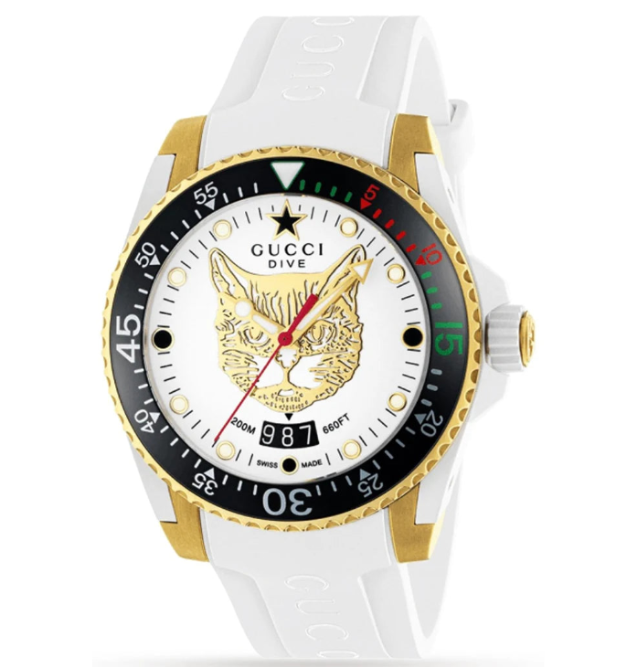 Gucci Dive Quartz Unisex-Uhr mit weißem Zifferblatt und weißem Kautschukarmband – YA136322