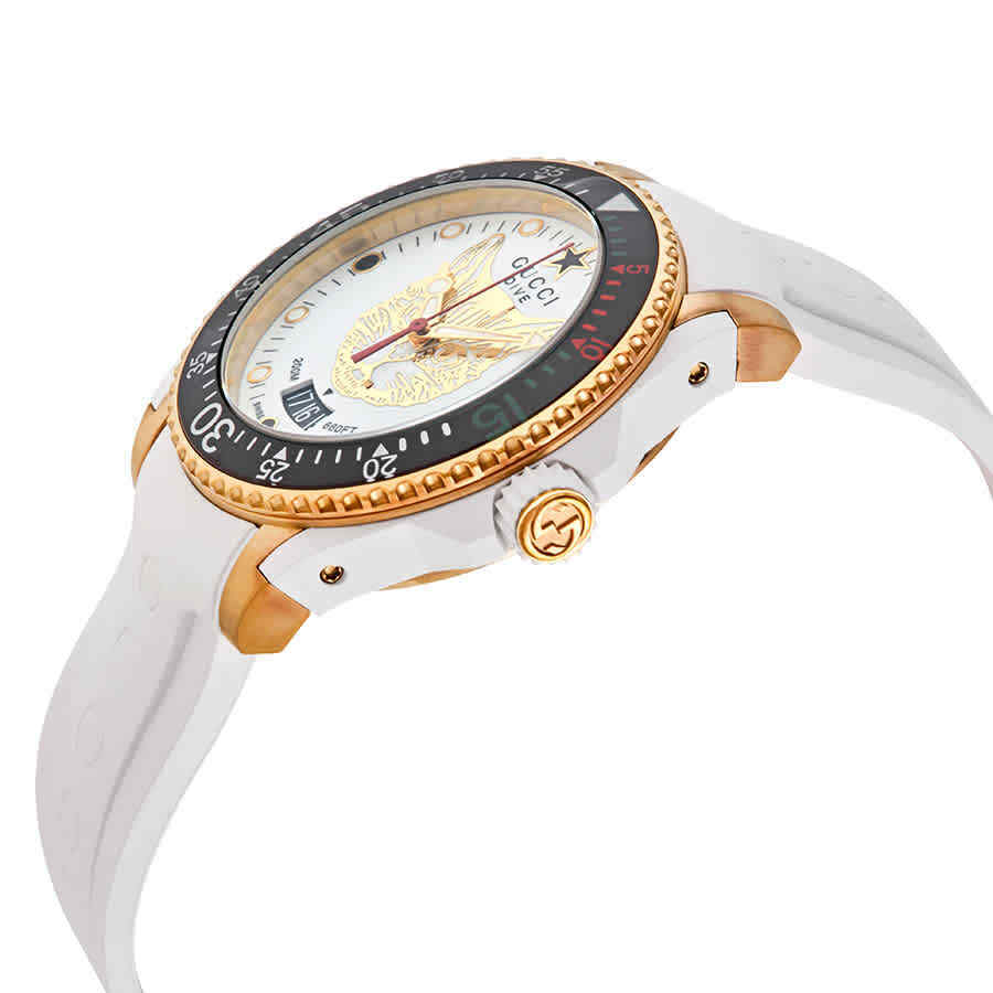 Gucci Dive Quartz Unisex-Uhr mit weißem Zifferblatt und weißem Kautschukarmband – YA136322