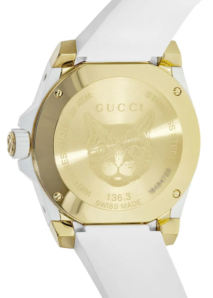 Gucci Dive Quartz Unisex-Uhr mit weißem Zifferblatt und weißem Kautschukarmband – YA136322