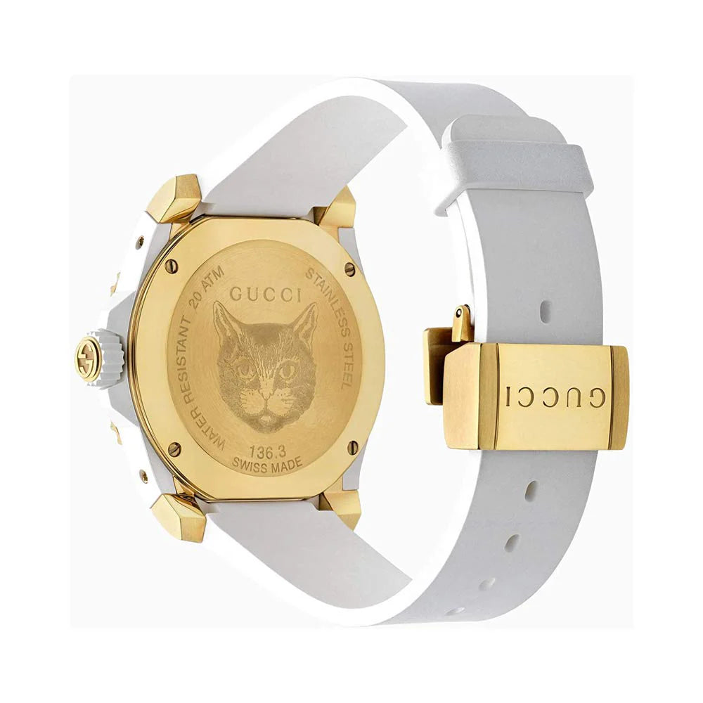 Gucci Dive Quartz Unisex-Uhr mit weißem Zifferblatt und weißem Kautschukarmband – YA136322