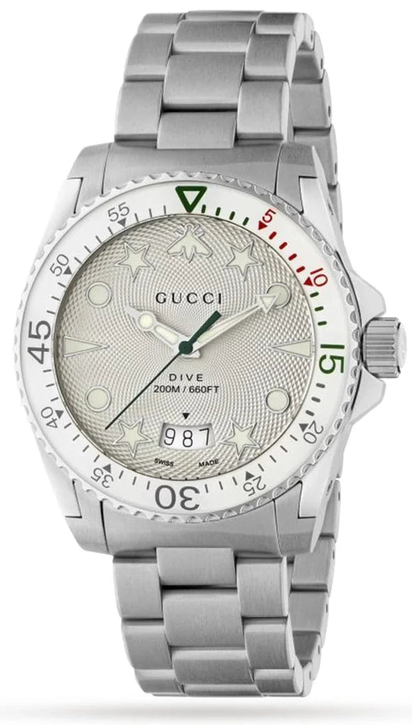 Gucci Taucheruhr mit Quarzwerk, weißem Zifferblatt und silbernem Edelstahlarmband für Herren - YA136336
