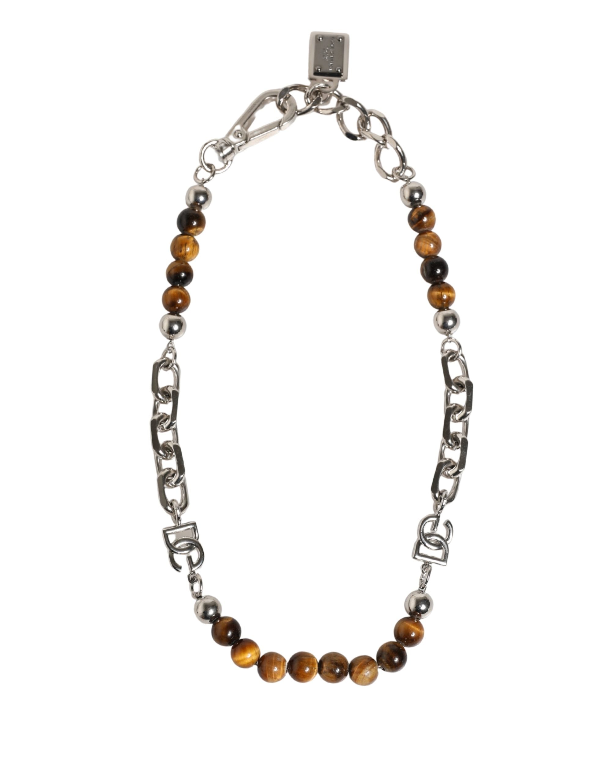 Silver Tone Brass Chain Beaded Gem DG Logo Bracelet, Dolce & Gabbana