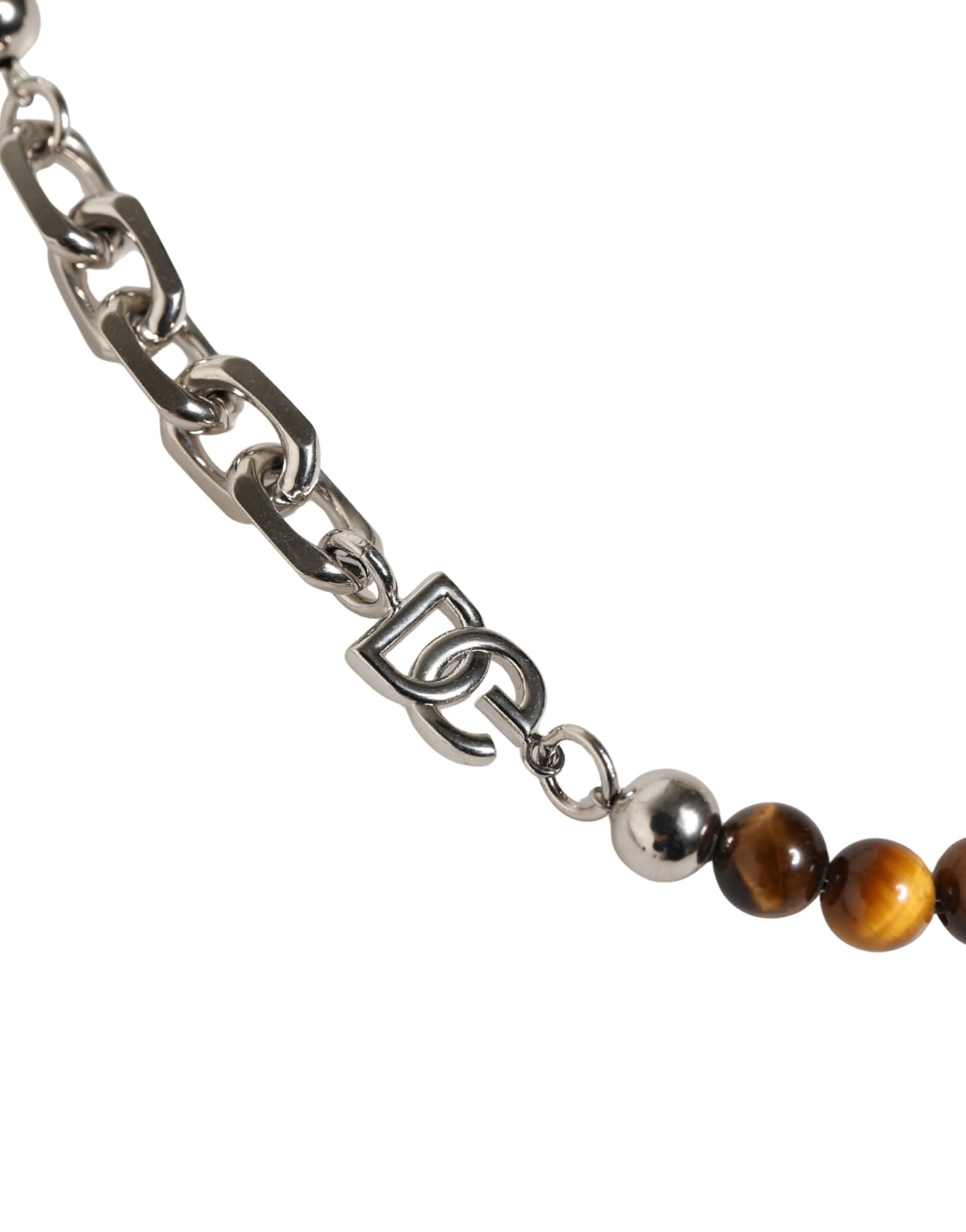 Silver Tone Brass Chain Beaded Gem DG Logo Bracelet, Dolce & Gabbana