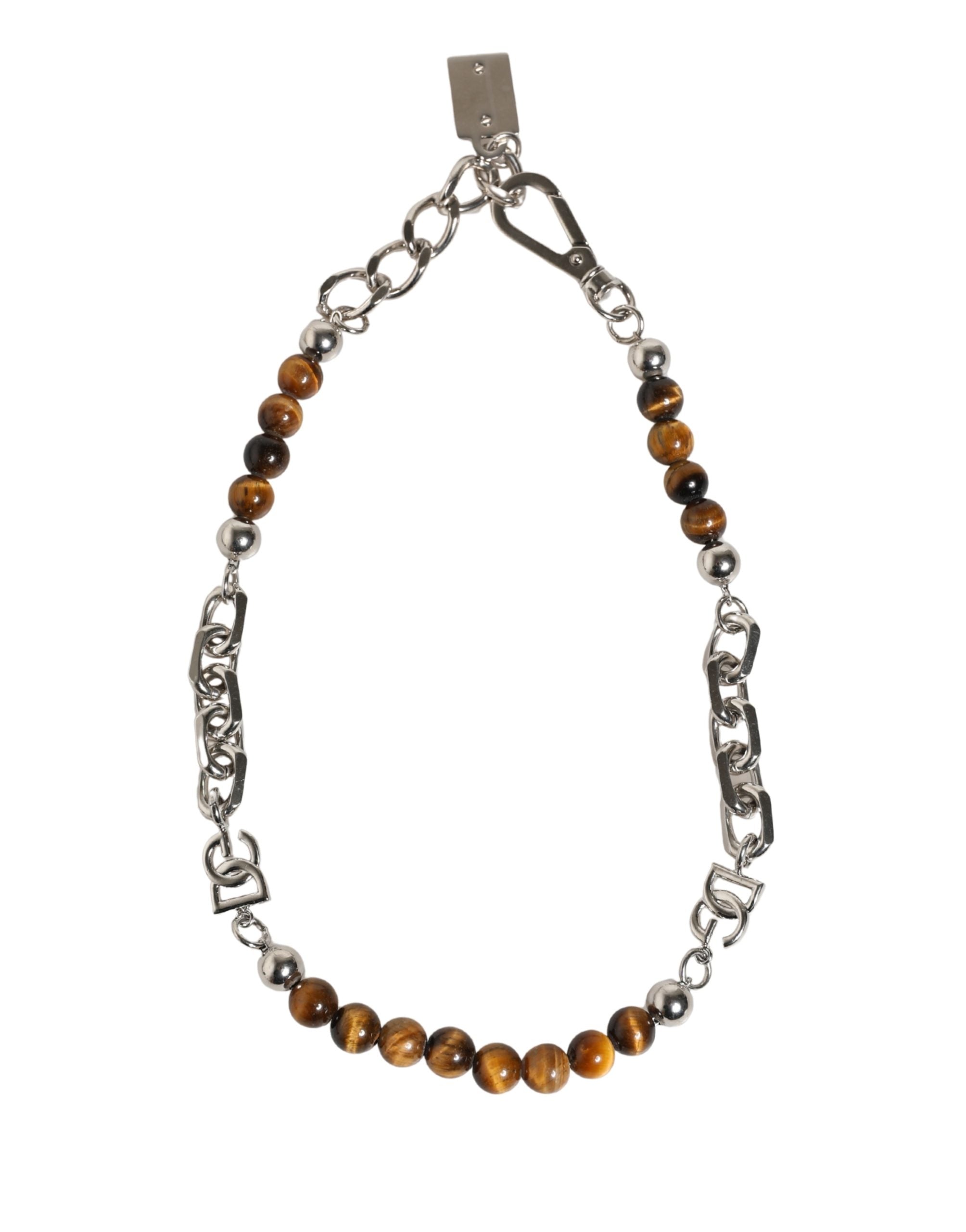Silver Tone Brass Chain Beaded Gem DG Logo Bracelet, Dolce & Gabbana
