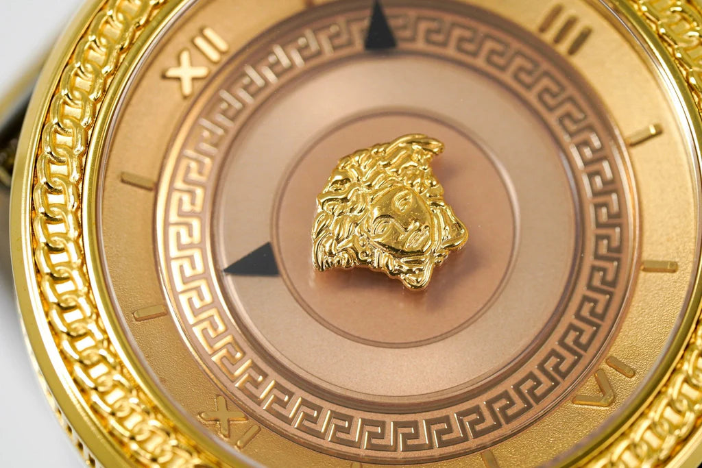 Versace V Metal Icon Damenuhr mit goldenem Zifferblatt und braunem Armband – VLC130016