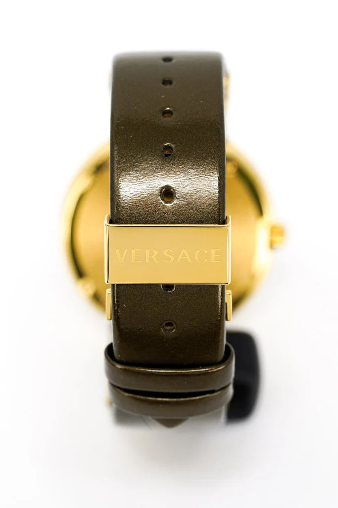 Versace V Metal Icon Damenuhr mit goldenem Zifferblatt und braunem Armband – VLC130016