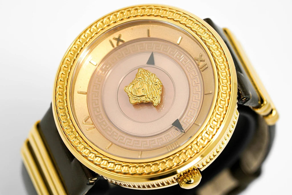 Versace V Metal Icon Damenuhr mit goldenem Zifferblatt und braunem Armband – VLC130016
