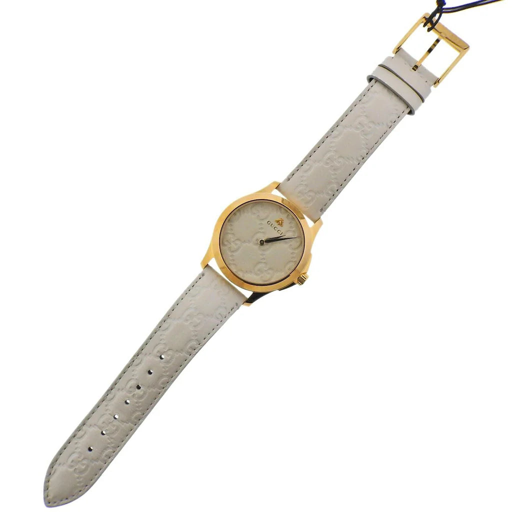 Gucci G Timeless Quarzuhr mit weißem Zifferblatt und weißem Lederarmband für Damen – YA1264033A, Damenuhr
