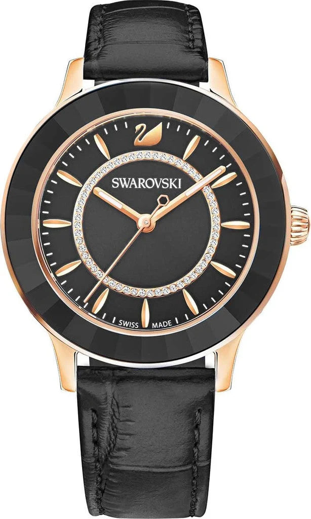 Swarovski Octea Lux Damenuhr mit schwarzem Zifferblatt und schwarzem Lederarmband - 5414410
