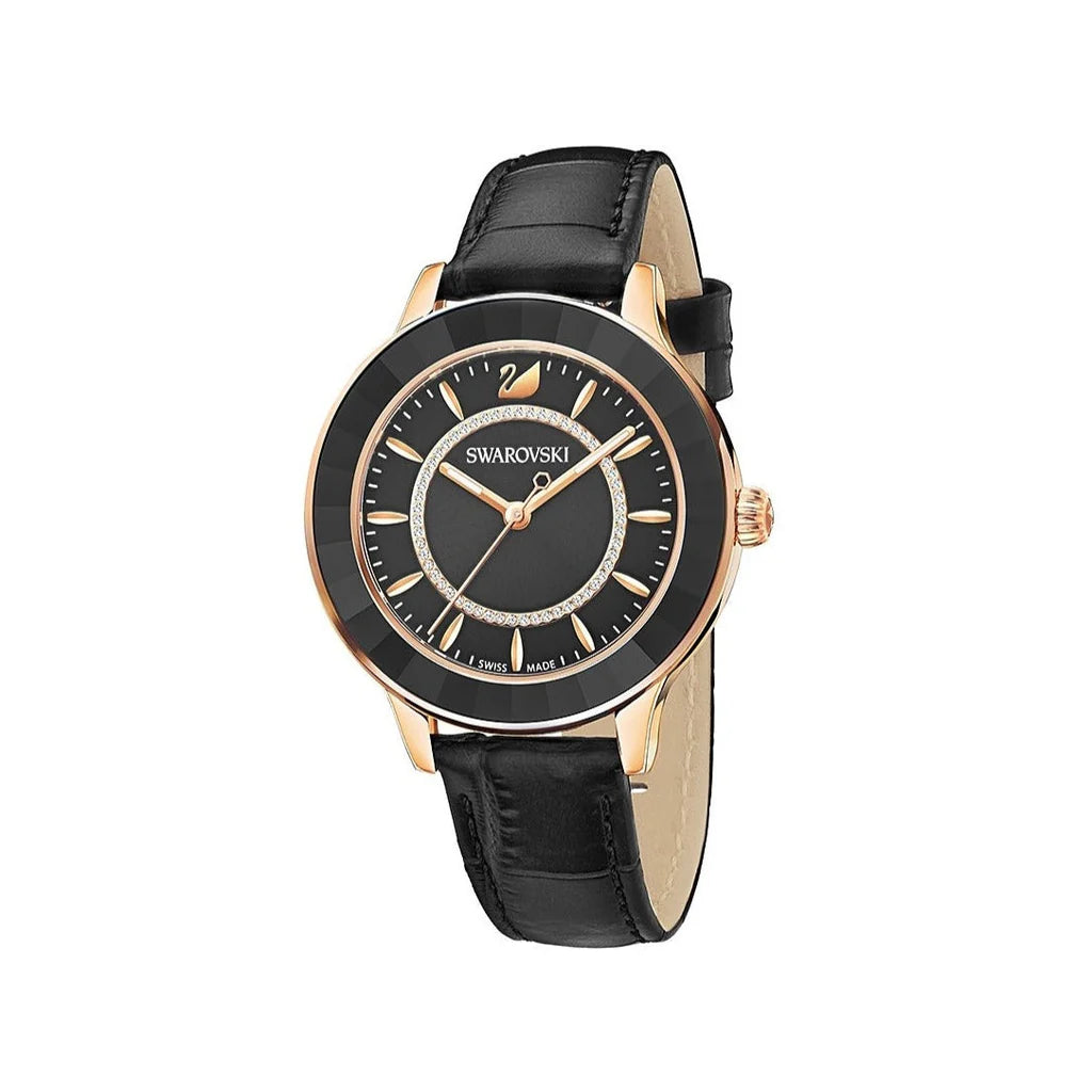 Swarovski Octea Lux Damenuhr mit schwarzem Zifferblatt und schwarzem Lederarmband - 5414410