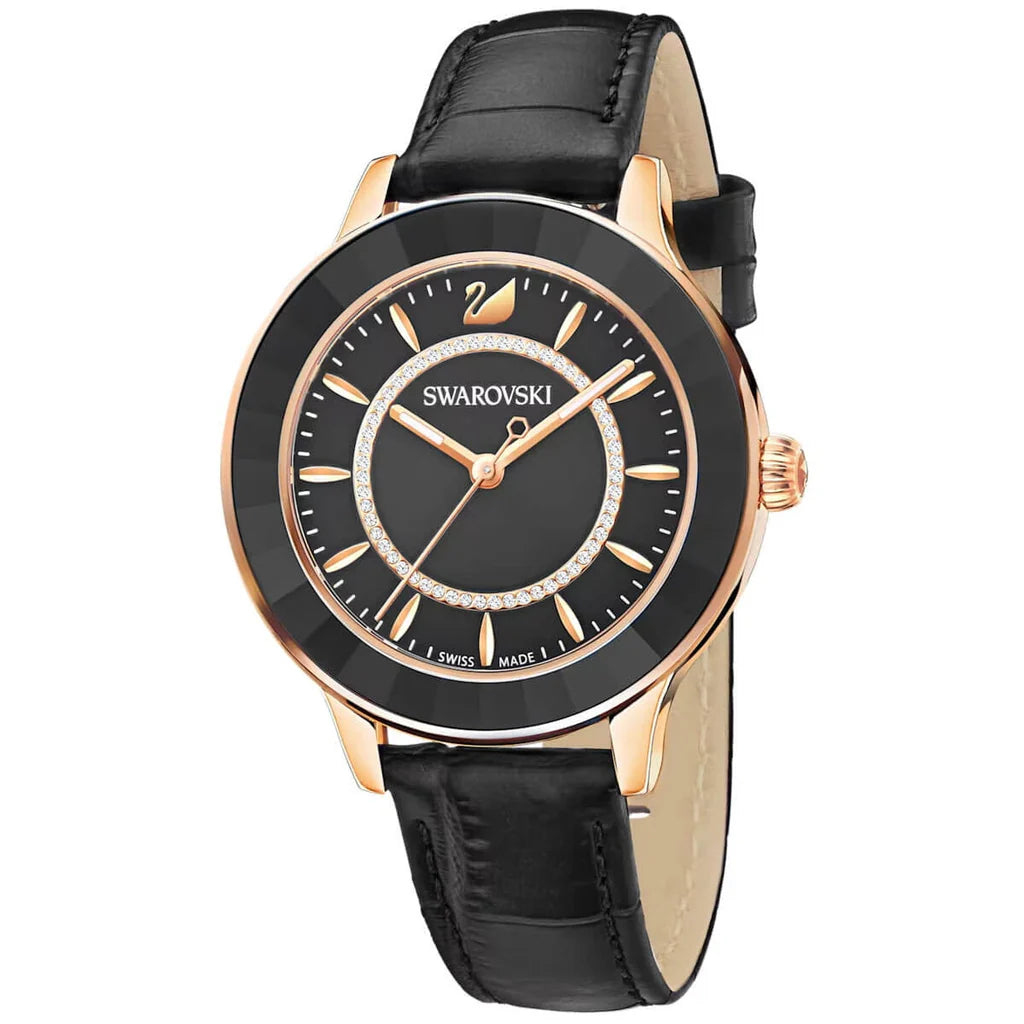 Swarovski Octea Lux Damenuhr mit schwarzem Zifferblatt und schwarzem Lederarmband - 5414410