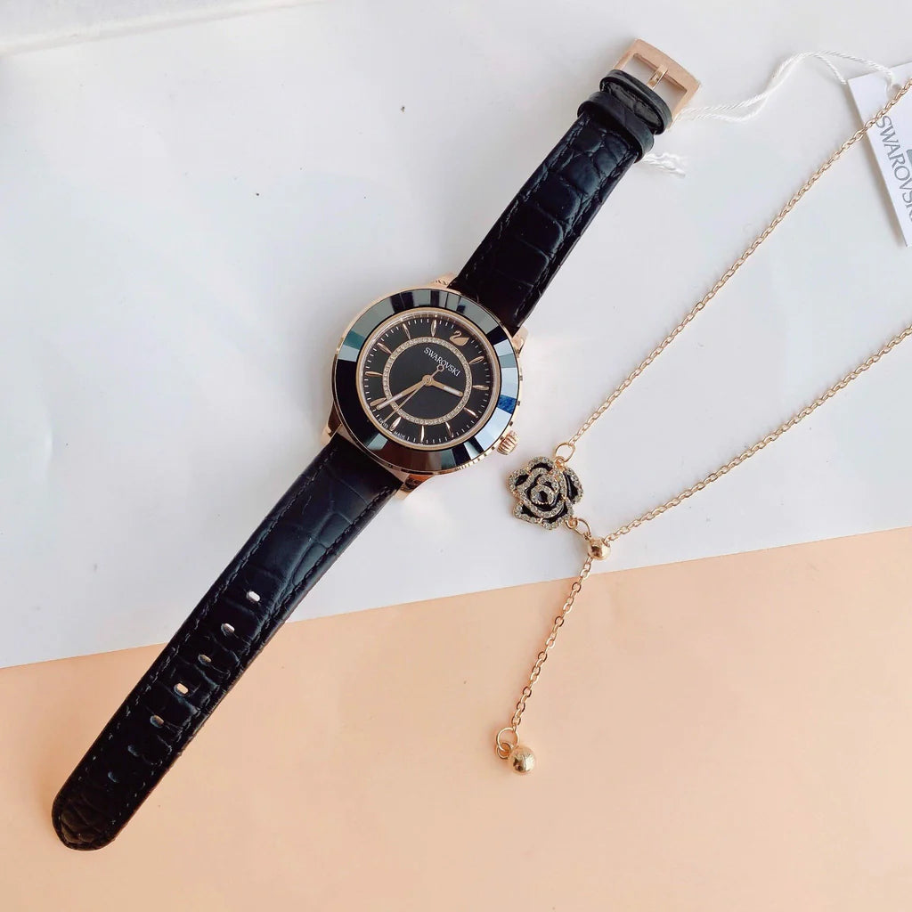 Swarovski Octea Lux Damenuhr mit schwarzem Zifferblatt und schwarzem Lederarmband - 5414410