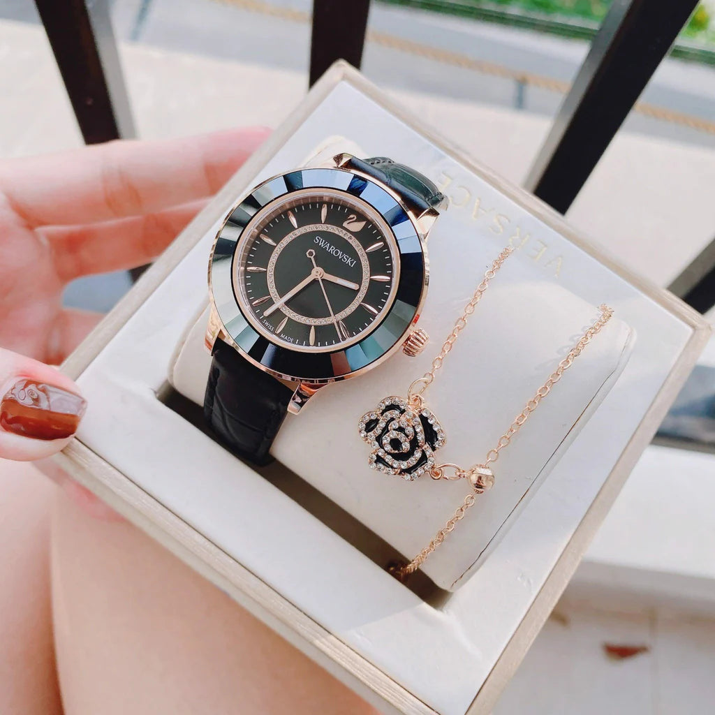 Swarovski Octea Lux Damenuhr mit schwarzem Zifferblatt und schwarzem Lederarmband - 5414410