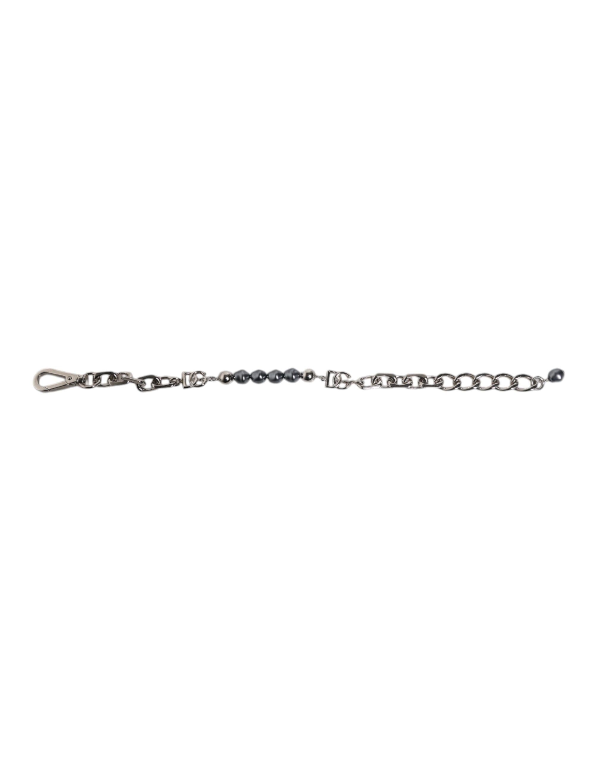 Silver Tone Chain Lobster Clasp Logo Gray Pearls Bracelet, Dolce & Gabbana