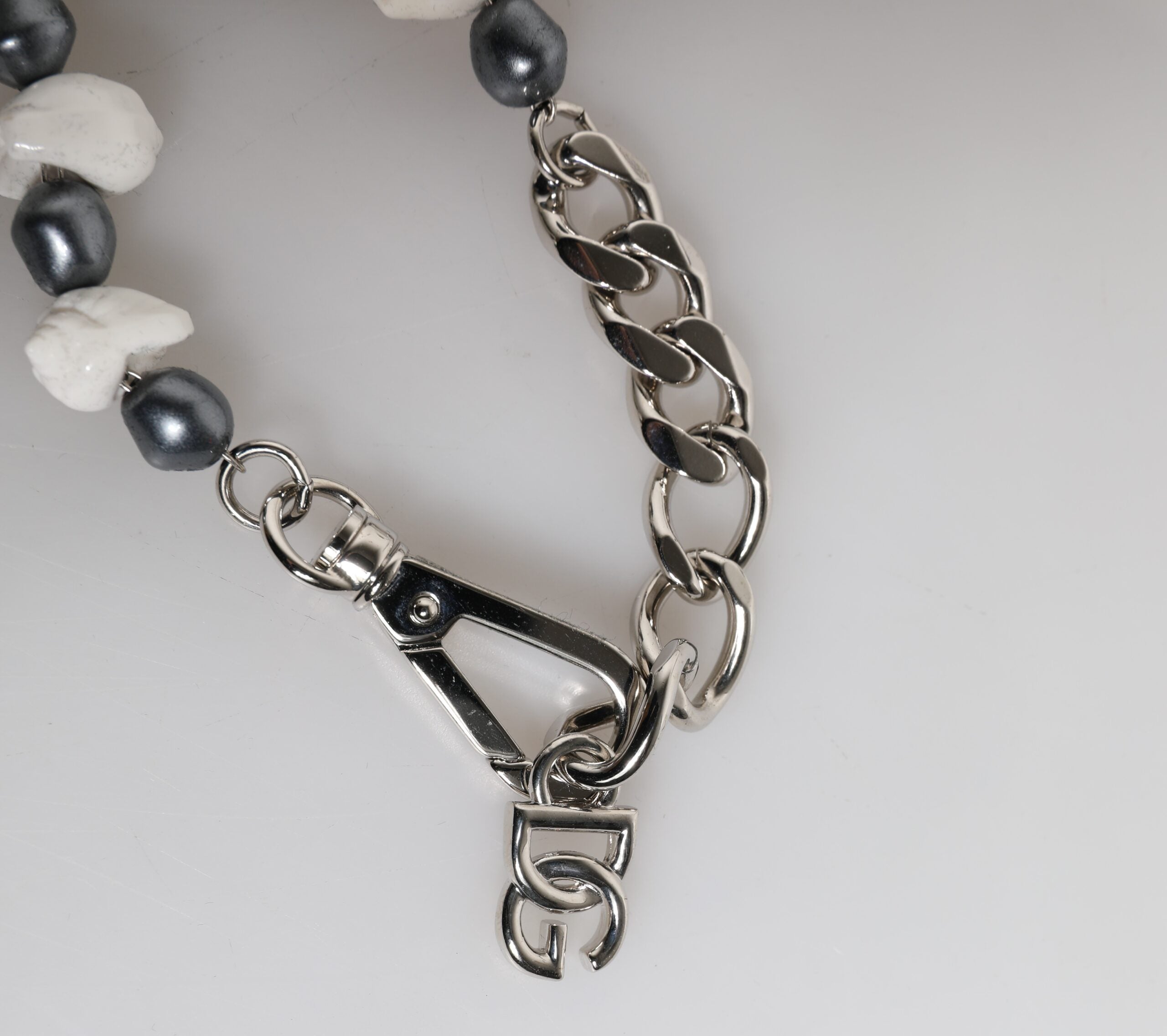 Silver Tone Brass Beaded Shell DG Logo Pendant Bracelet, Dolce & Gabbana