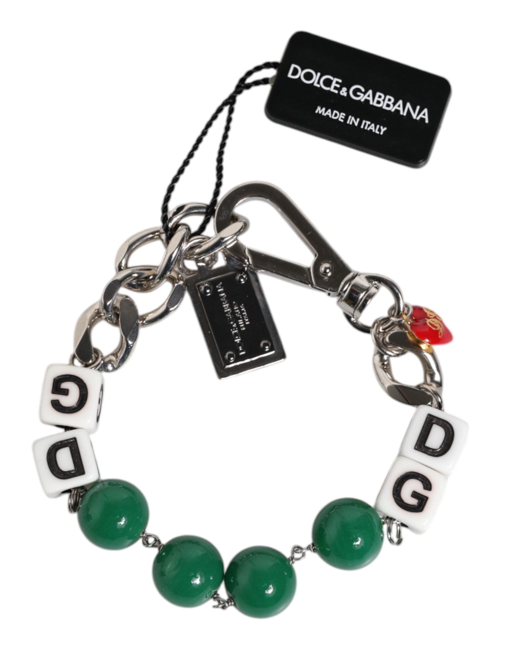 Silver Tone Brass Bead Dice Logo Embellish Charm Bracelet, Dolce & Gabbana
