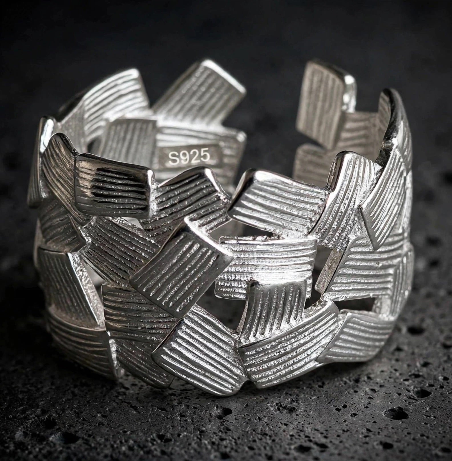 Statement Ring S925 Silber - Breiter Flecht-Ring | Boho Silberring verstellbar | MALASUgrößenverstellbarer Damenring gebürstet, Serling Silber