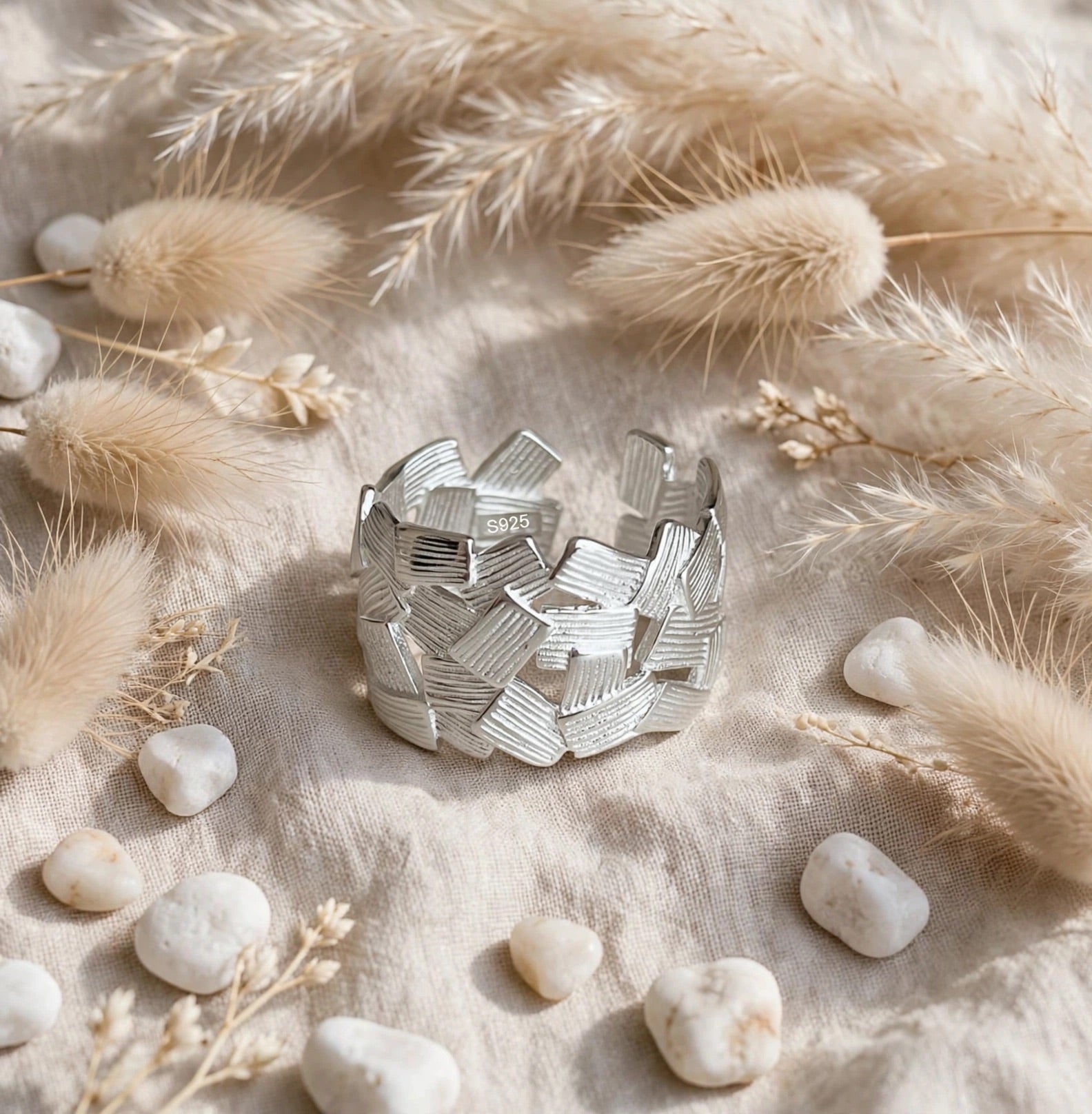 Statement Ring S925 Silber - Breiter Flecht-Ring | Boho Silberring verstellbar | MALASUgrößenverstellbarer Damenring gebürstet, Serling Silber