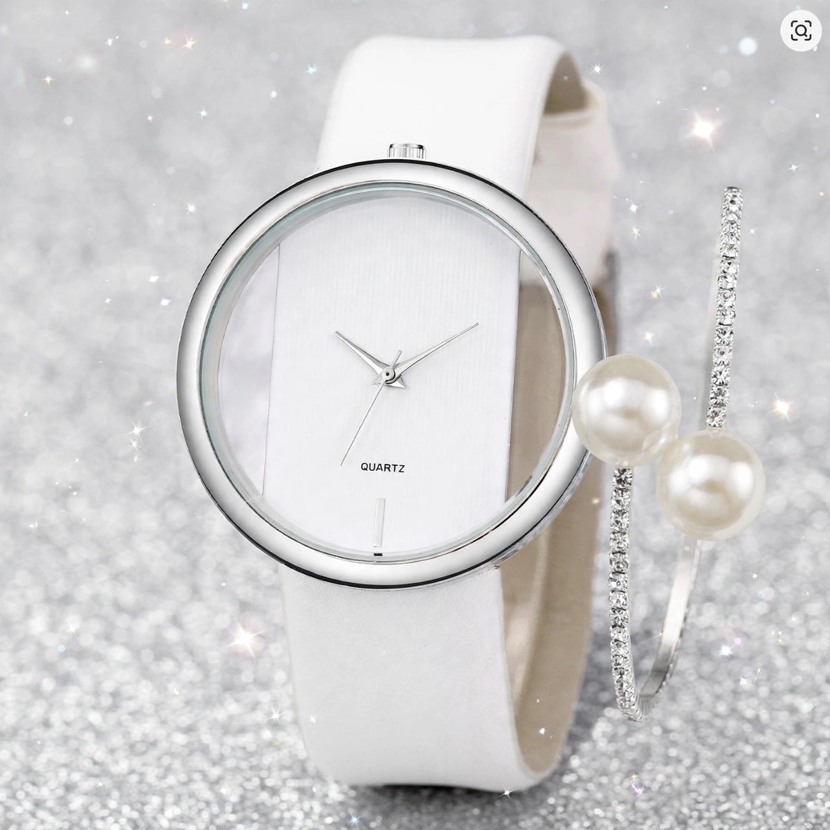 Damenuhr Lederband, Analog Quarzuhr Perlen Armband Set ,  durchsichtig & weiß für Damen