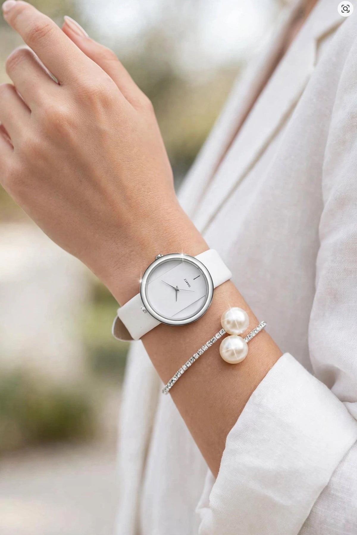 Damenuhr Lederband, Analog Quarzuhr Perlen Armband Set ,  durchsichtig & weiß für Damen