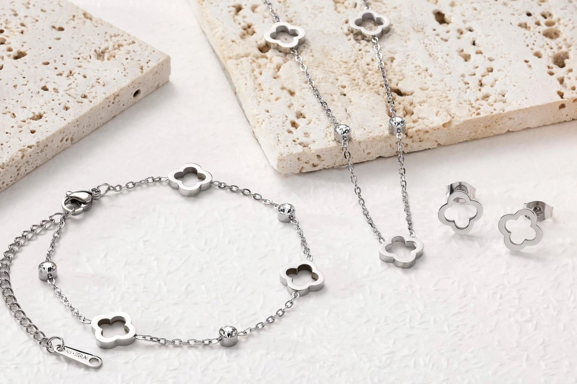 LUCKY CLOVER - 3-teiliges Schmuckset in Gold & Silber, das Glücksbringerkleeblatt