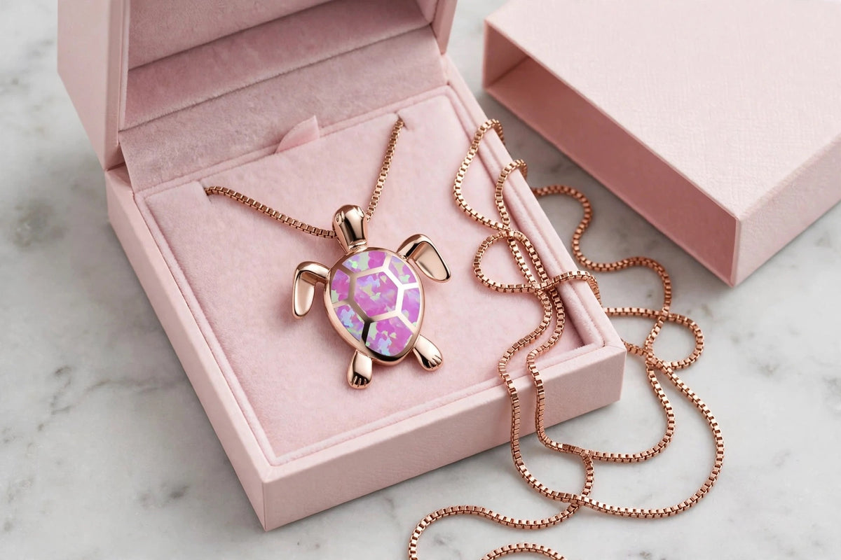 Elli - Niedliche Kleine Schildkröte Kette mit Anhänger   - Halskette,  Kette Lilli-G, rosefarbene Kette