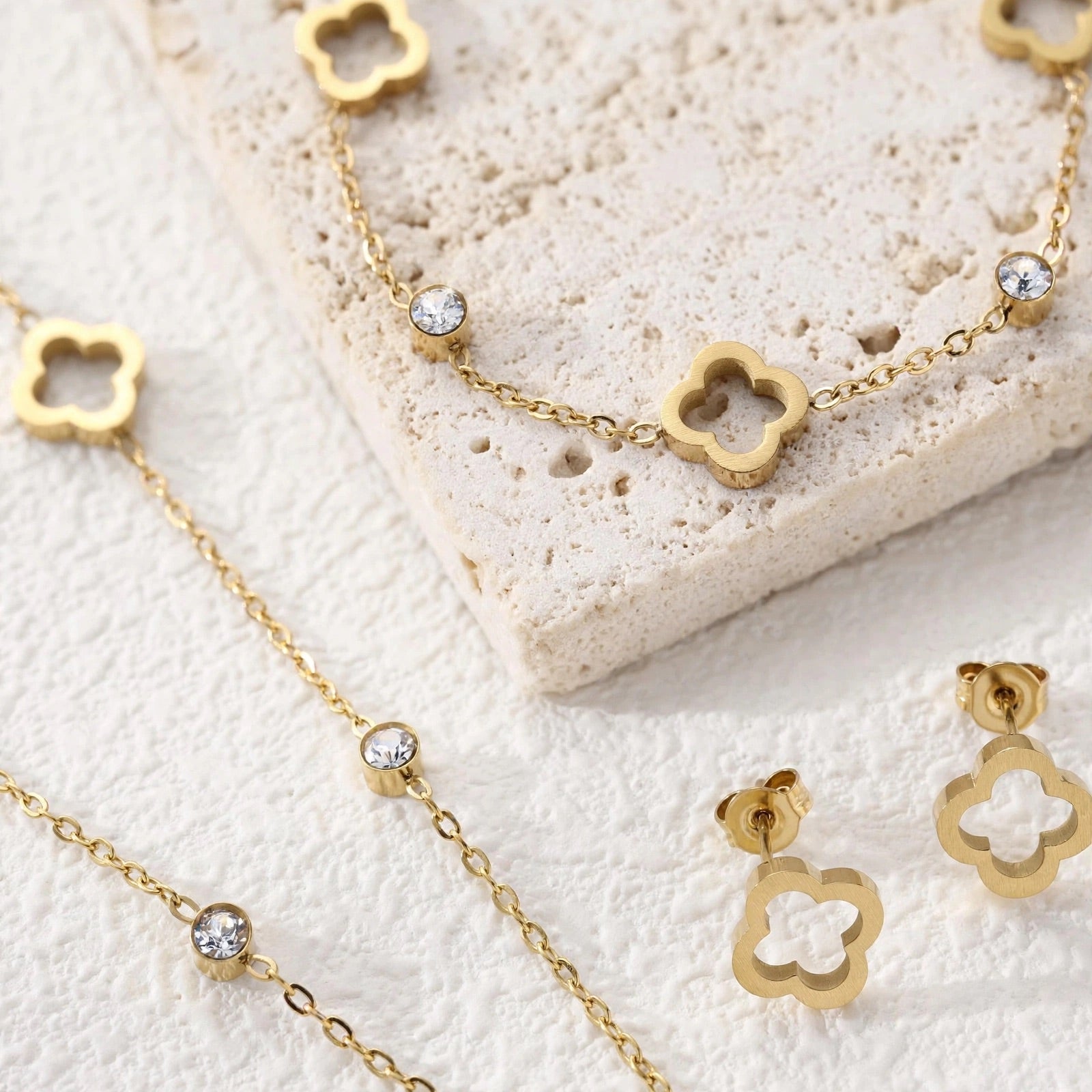 LUCKY CLOVER - 3-teiliges Schmuckset in Gold & Silber, das Glücksbringerkleeblatt