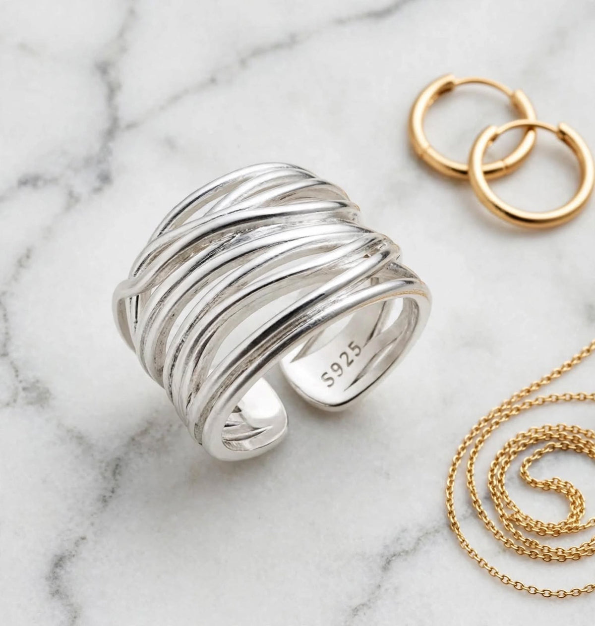 Wirefire - Breiter Flecht-Ring , 925 Silber, in Silber und Goldlook, Größenvariabel