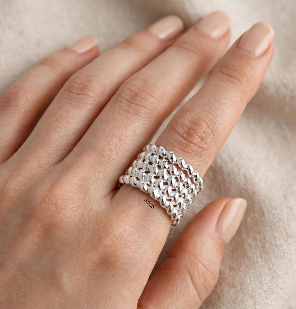 Enyxum - Breiter Wellen-Ring , 925 Silber, Silberring verstellbar | größenverstellbarer Damenring