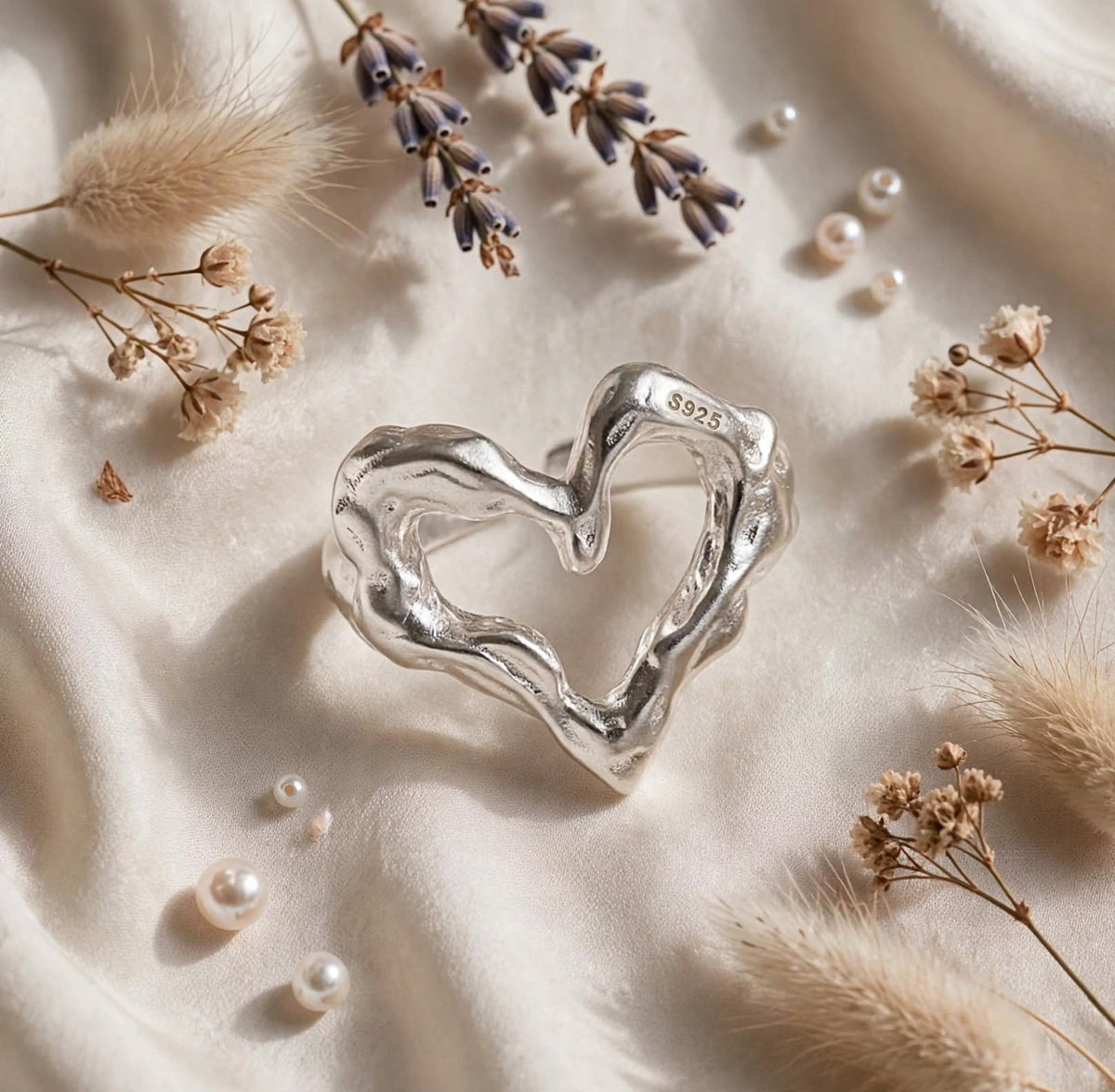 Liquid Heart Ring- Herz Wellen-Ring , 925 Silber, Silberring verstellbar | größenverstellbarer Damenring