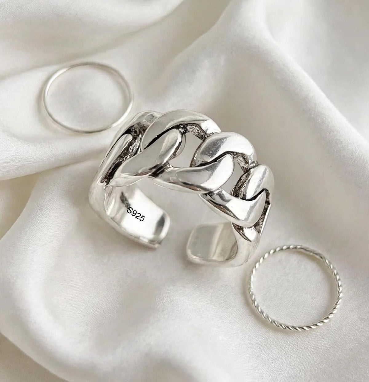 Cuban Link Ring- Breiter Wellen-Ring , 925 Silber, Silberring verstellbar | größenverstellbarer Damenring