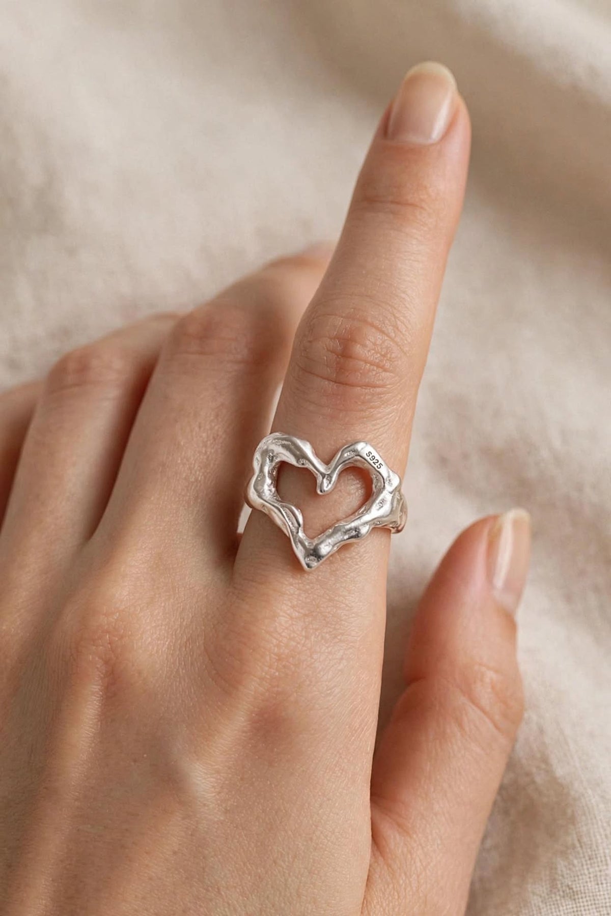 Liquid Heart Ring- Herz Wellen-Ring , 925 Silber, Silberring verstellbar | größenverstellbarer Damenring