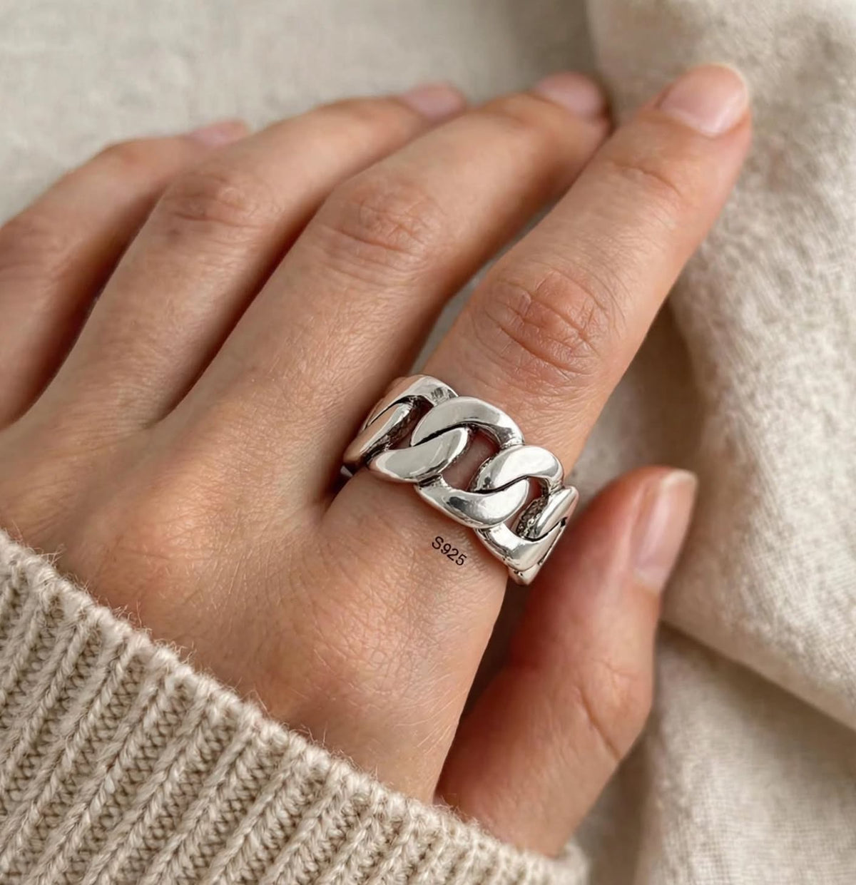 Cuban Link Ring- Breiter Wellen-Ring , 925 Silber, Silberring verstellbar | größenverstellbarer Damenring