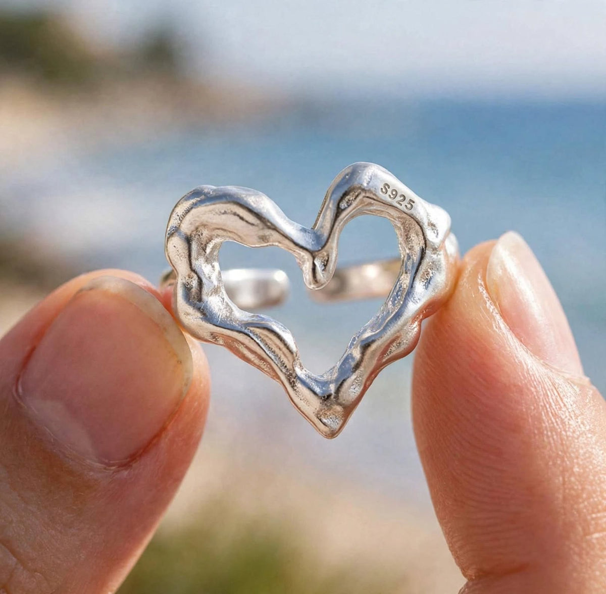 Liquid Heart Ring- Herz Wellen-Ring , 925 Silber, Silberring verstellbar | größenverstellbarer Damenring