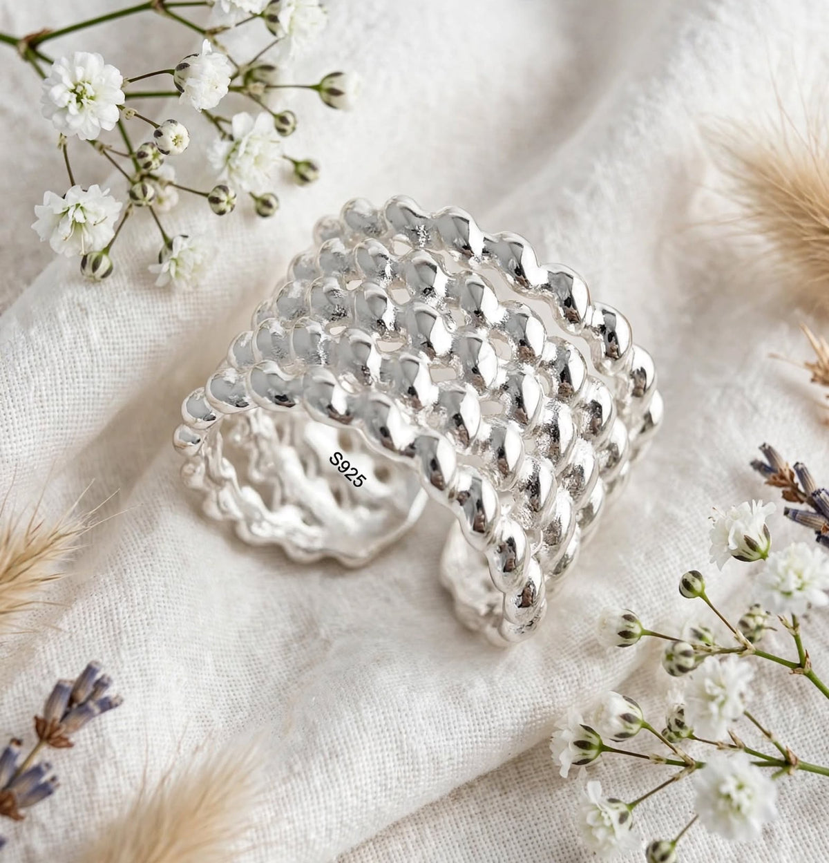 Enyxum - Breiter Wellen-Ring , 925 Silber, Silberring verstellbar | größenverstellbarer Damenring