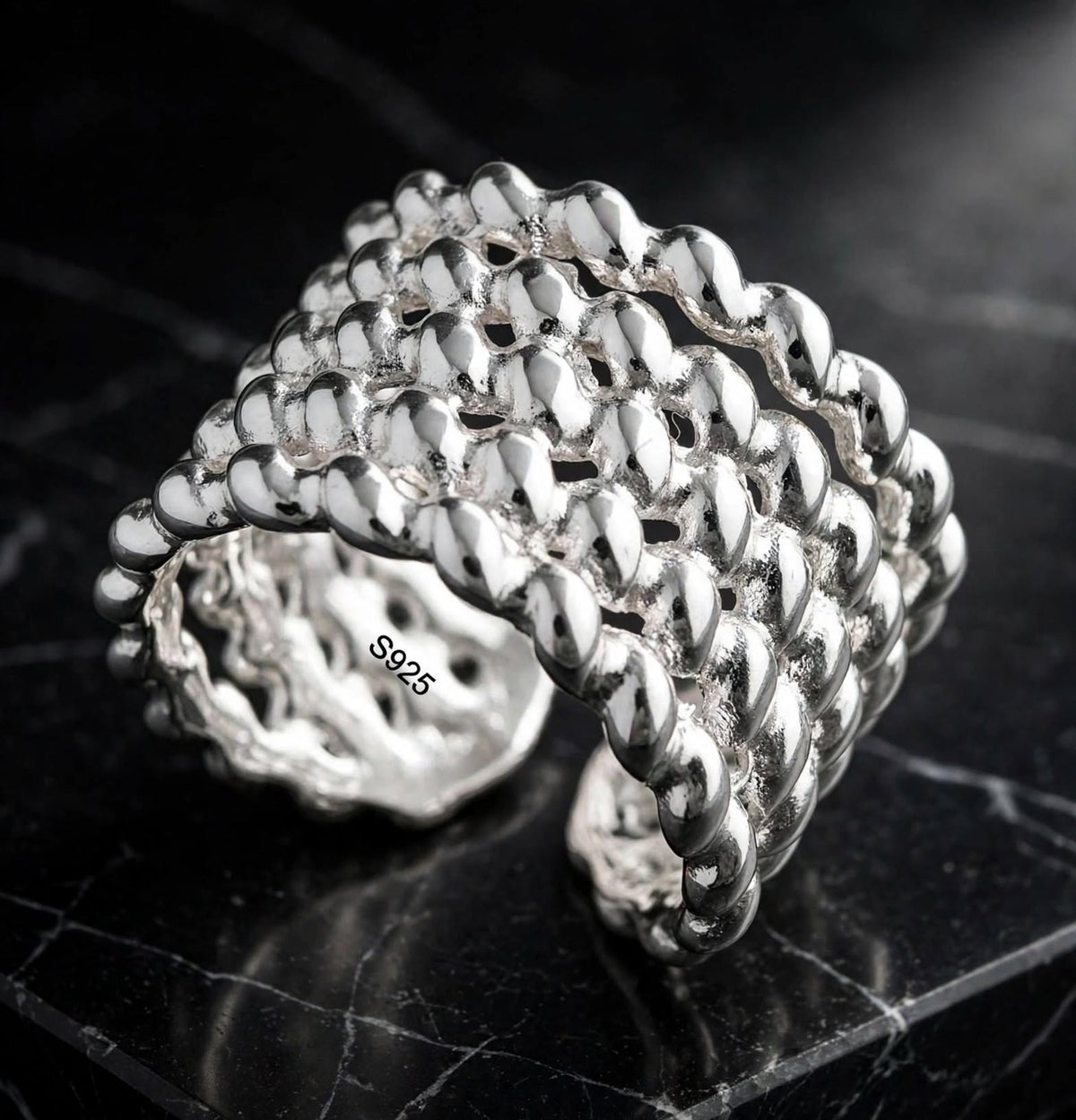 Enyxum - Breiter Wellen-Ring , 925 Silber, Silberring verstellbar | größenverstellbarer Damenring