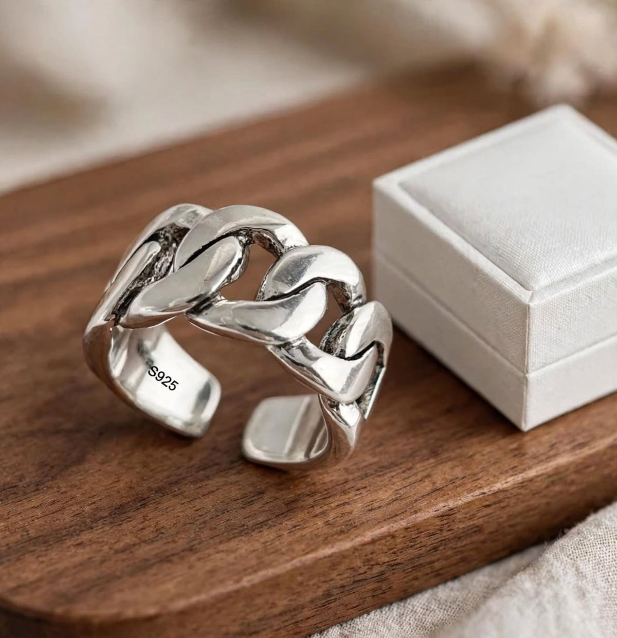 Cuban Link Ring- Breiter Wellen-Ring , 925 Silber, Silberring verstellbar | größenverstellbarer Damenring