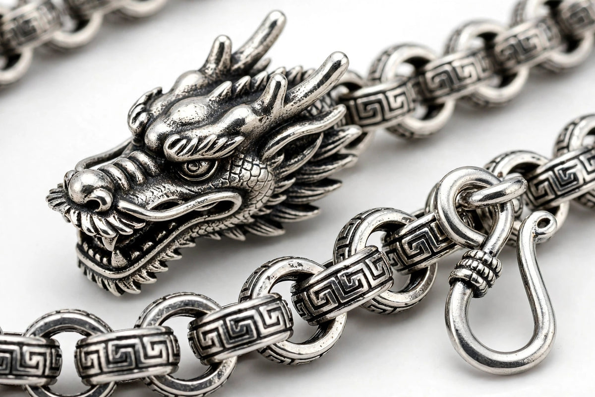 Dreagon Mäander Kette für Herren- Versace LOOk - massiv, Silber