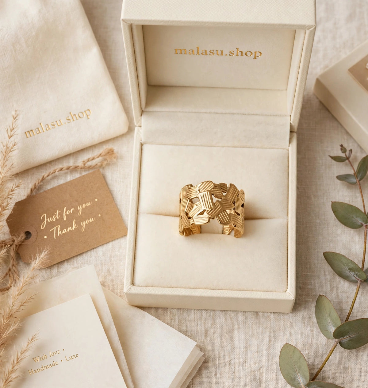 Breiter Flecht-Ring | Boho Silberring verstellbar | Edelstahl goldfarbend