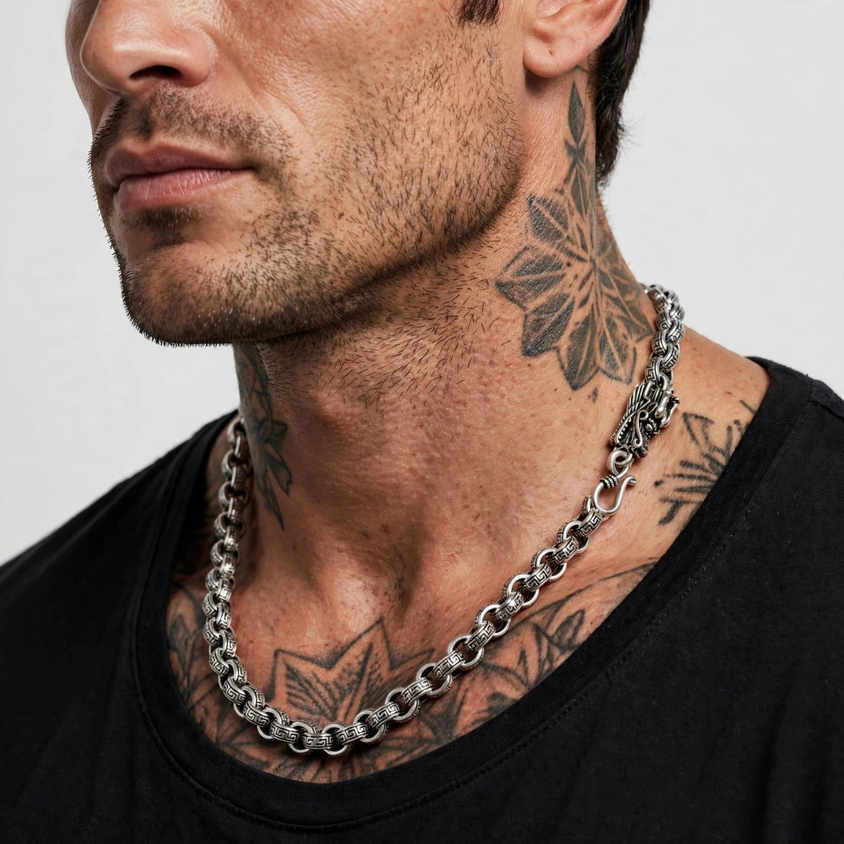 Dreagon Mäander Kette für Herren- Versace LOOk - massiv, Silber