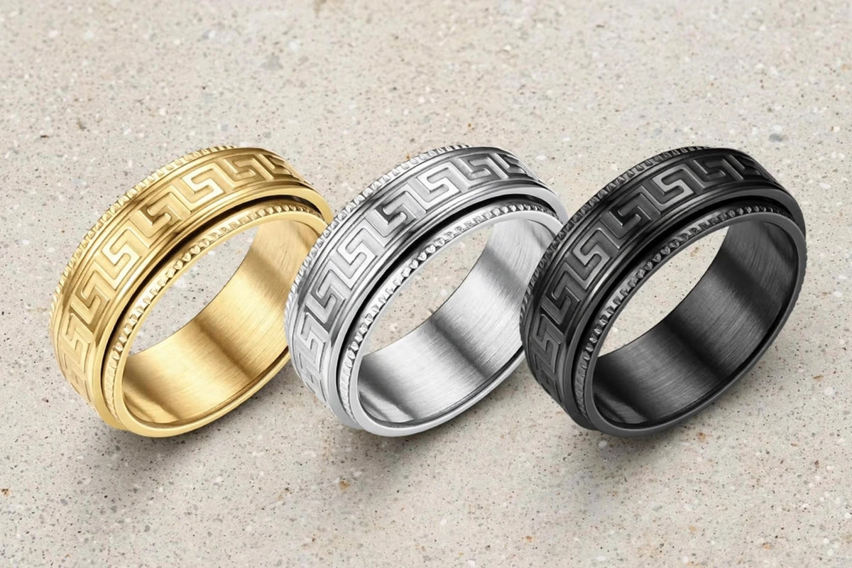 AURELIUS - der Meander-Ring im "Versace" Look aus Titan, Schwarz, Silber Gold, Herrenschmuck