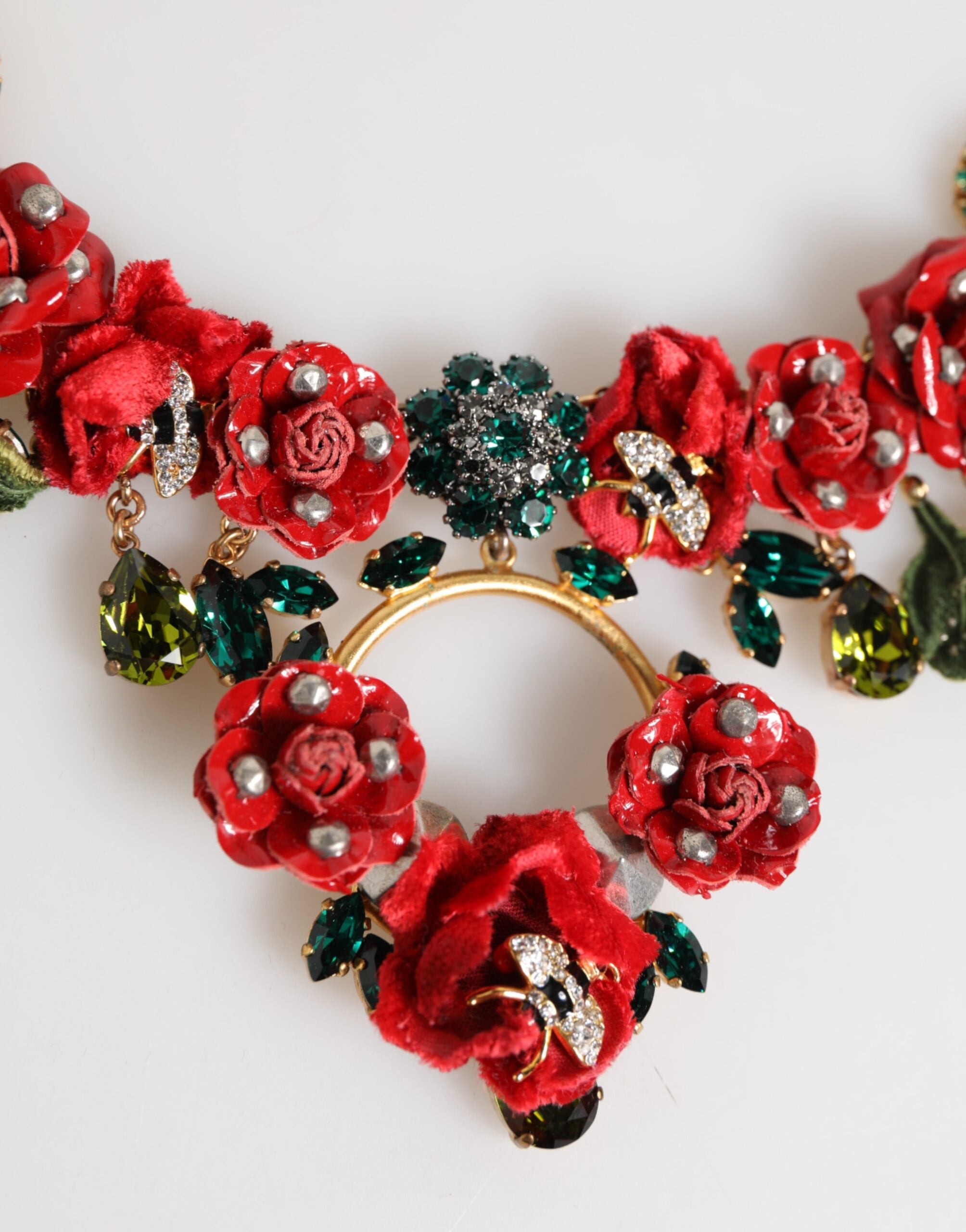 Red Rose Floral Crystal Embellished Statement Jewelry Necklace, Dolce & Gabbana