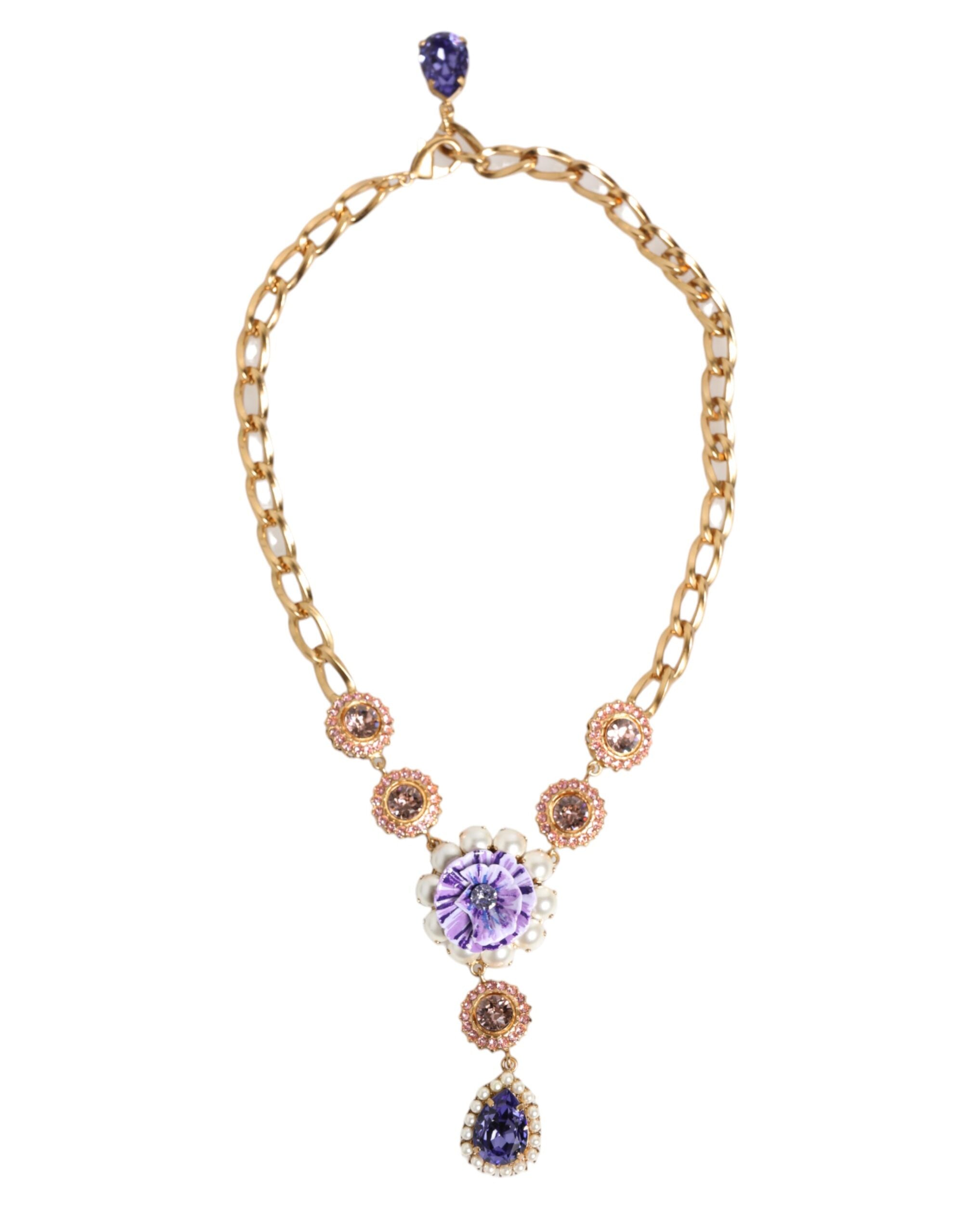 Gold Brass Crystal Pearl Purple Floral Pendant Jewelry,Dolce & Gabbana Dolce & Gabbana Necklace