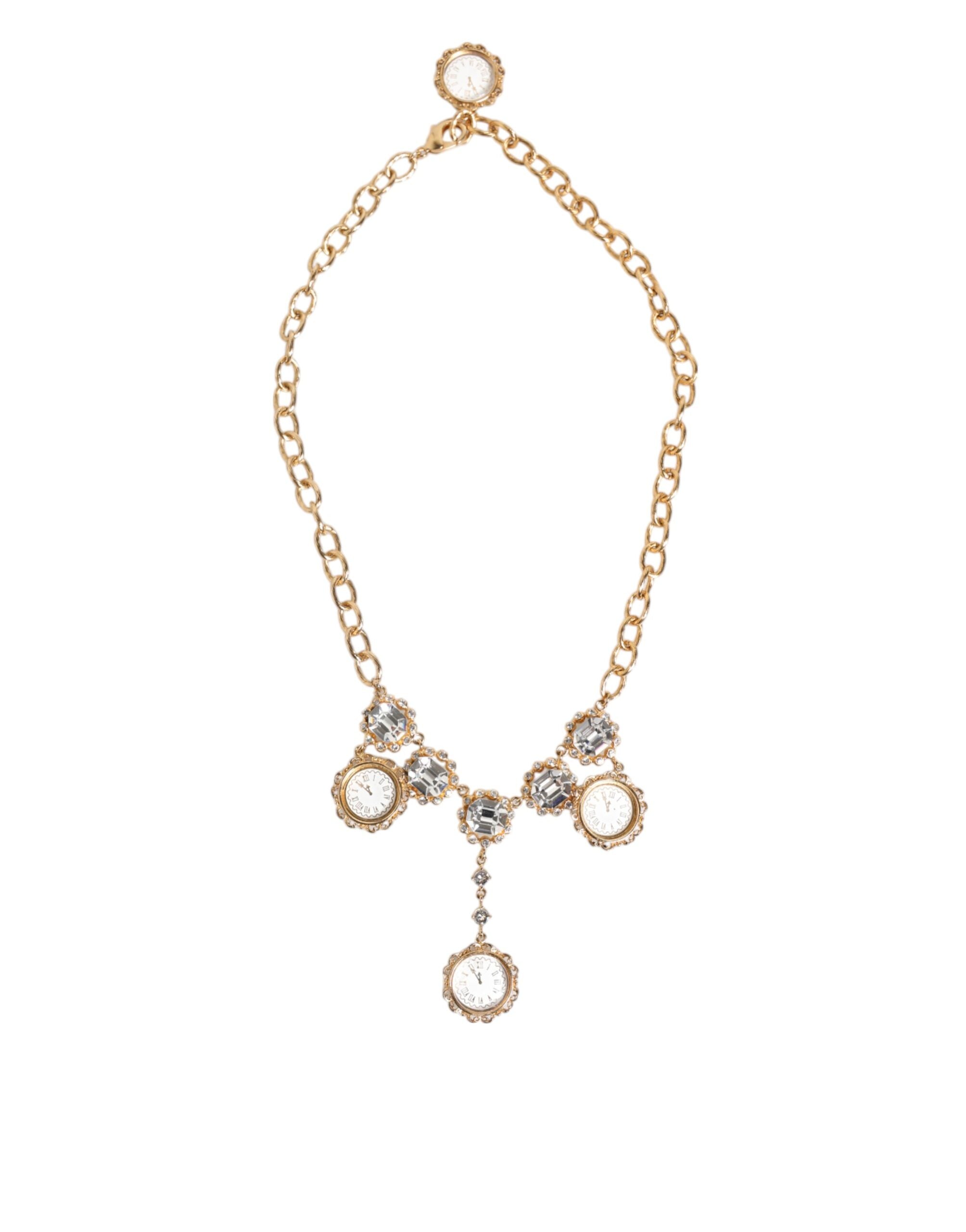 Gold Crystal Clock Pendant Statement Jewelry Necklace, Dolce & Gabbana