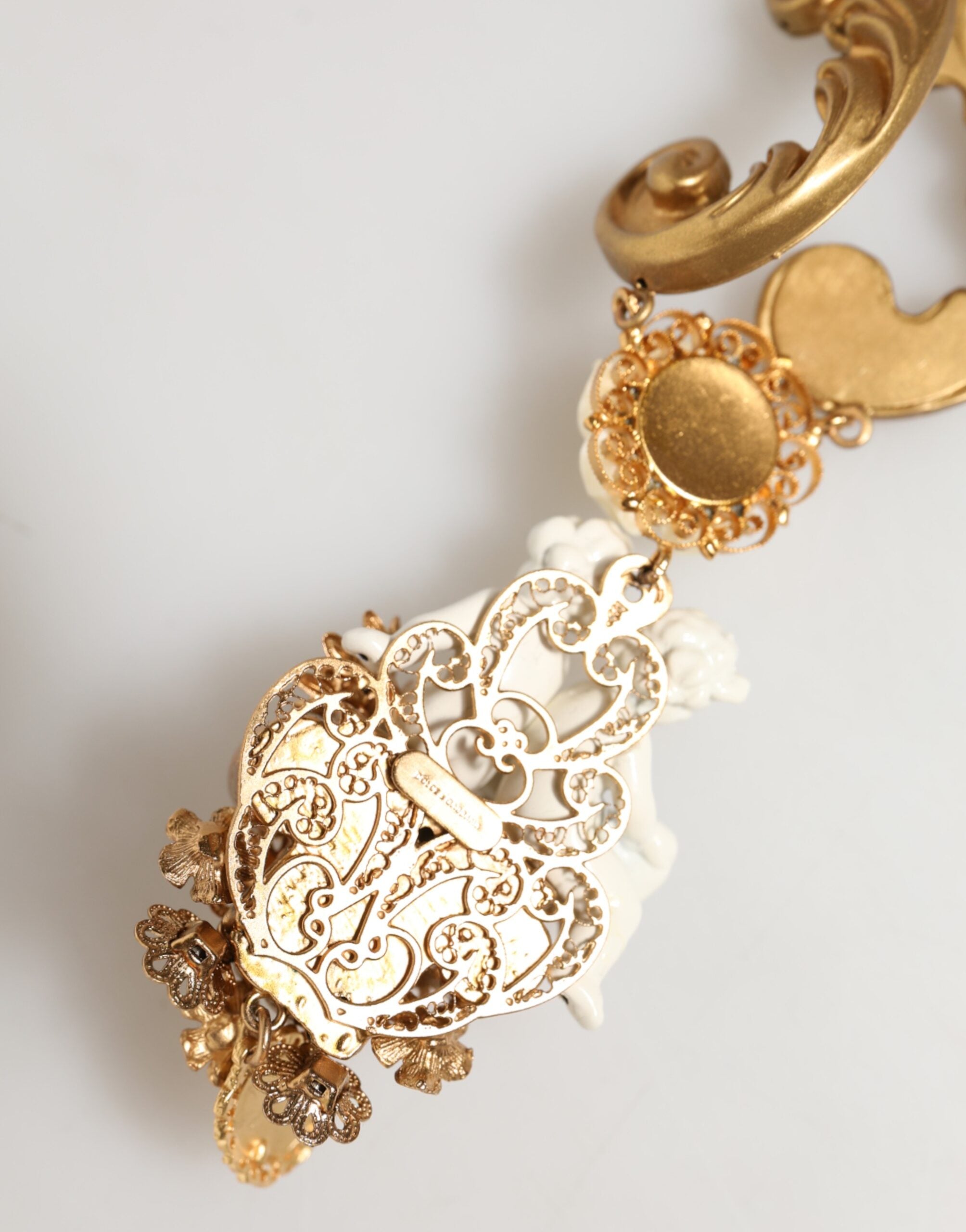 Gold Ceramic Crystal Cherub Baroque Pendant Necklac, Dolce & Gabbanae