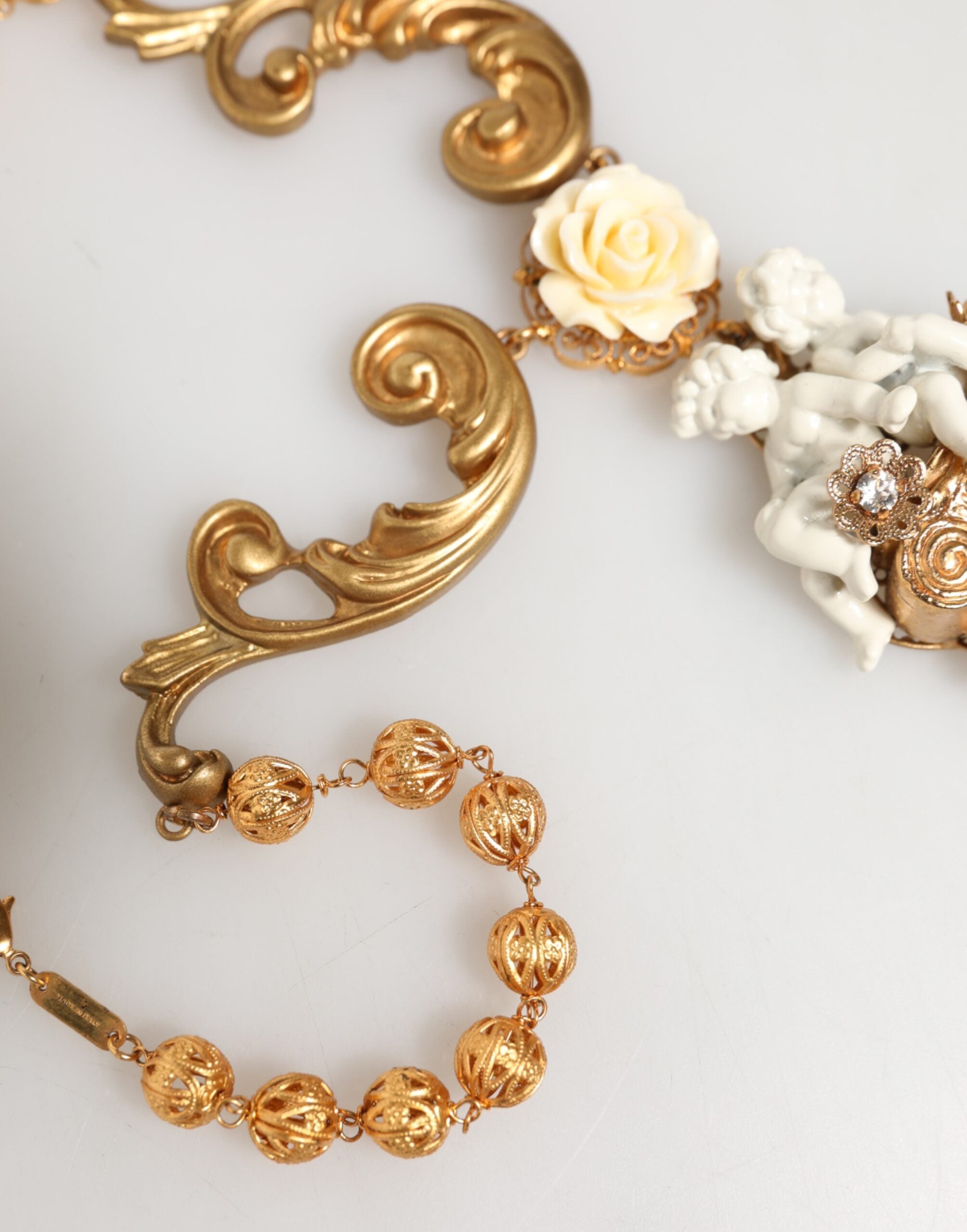 Gold Ceramic Crystal Cherub Baroque Pendant Necklac, Dolce & Gabbanae