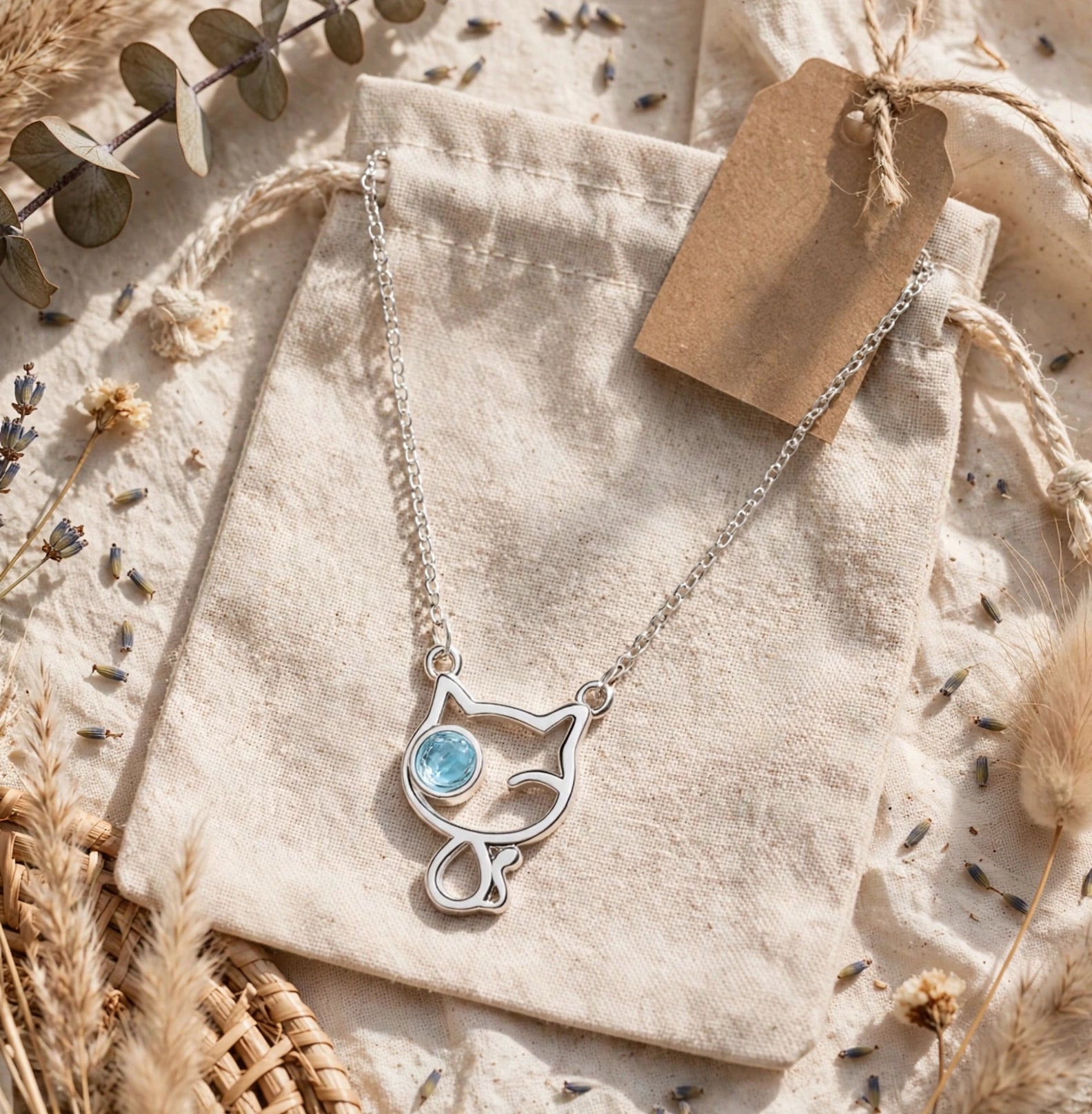 MIAU - Filigrane Katzen-Kette mit blauem Kristall | Silber