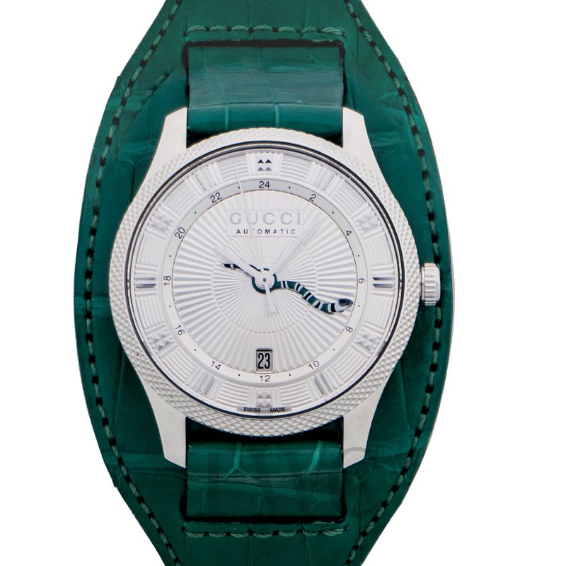 Gucci YA126344 Eryx YA126344 Herrenuhr, silbernes Zifferblatt, Edelstahl, Saphirglas, Automatikaufzug, 40 mm (1,6 Zoll), Schweizer Uhrwerk, silberfarben, Armbandtyp