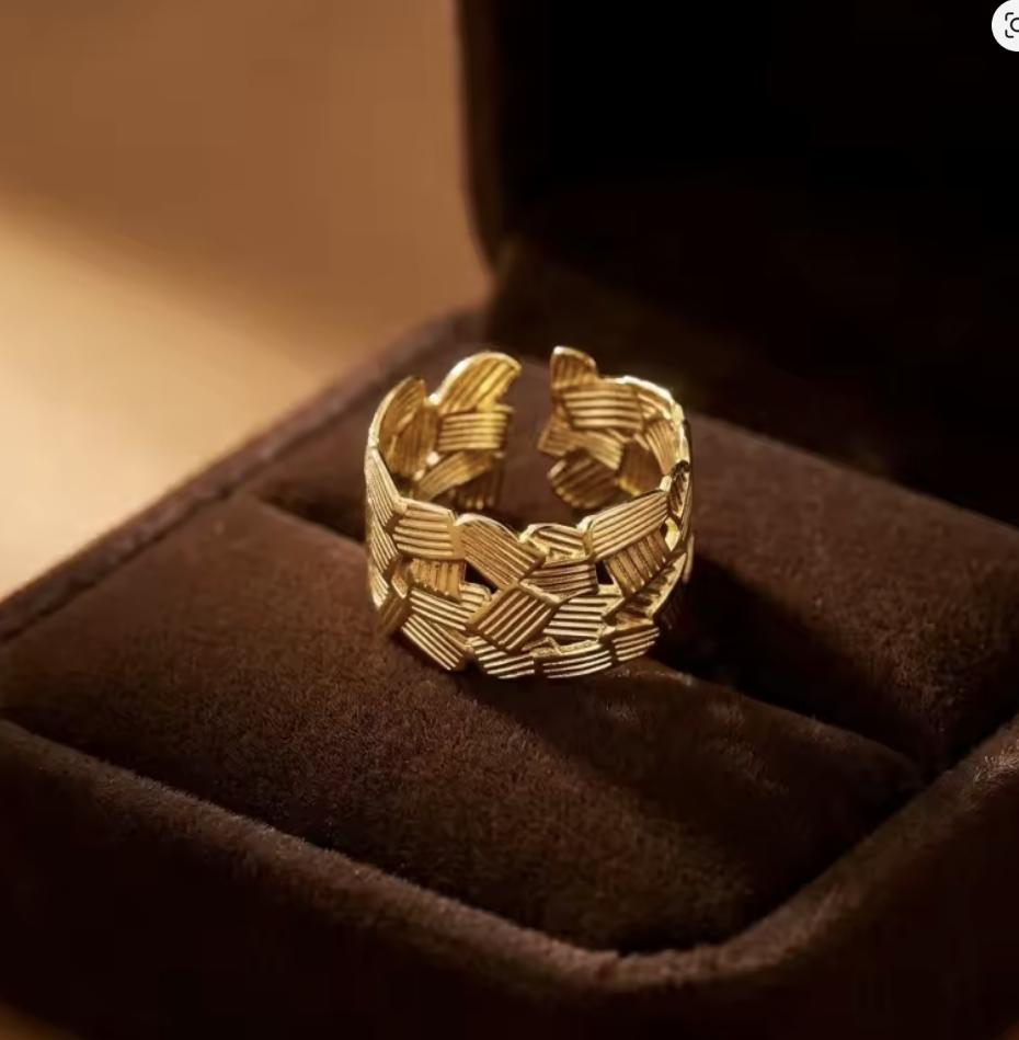 Breiter Flecht-Ring | Boho Silberring verstellbar | Edelstahl goldfarbend